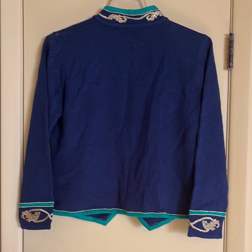 Vintage Susan Bristol Navy and Green Embroidered Cardigan Sweater size Large - Picture 4 of 8